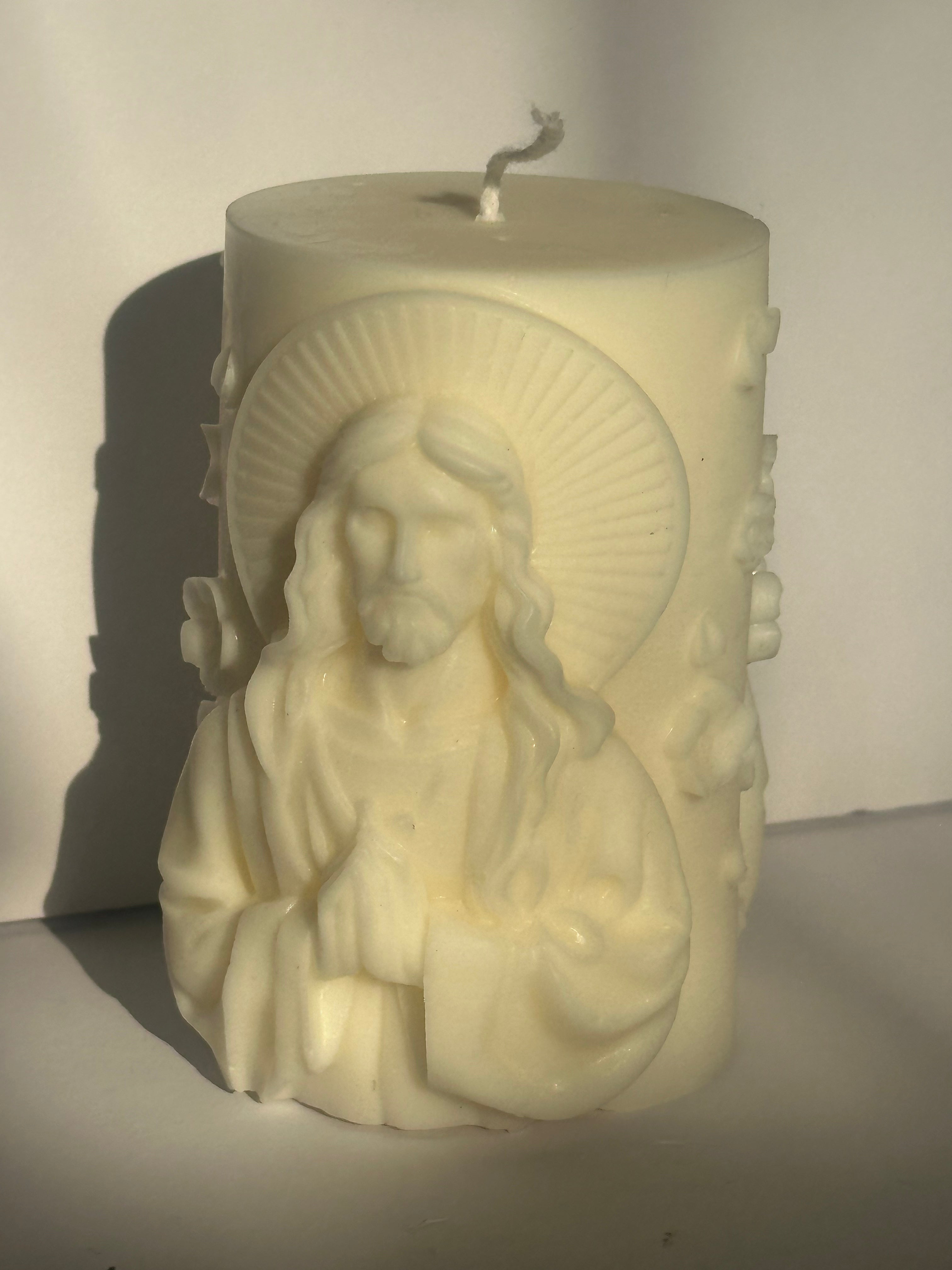 Handmade Religious Jesus Pillar Candle – Saint Figurine, Spiritual Gift, Housewarming & Christmas Gift